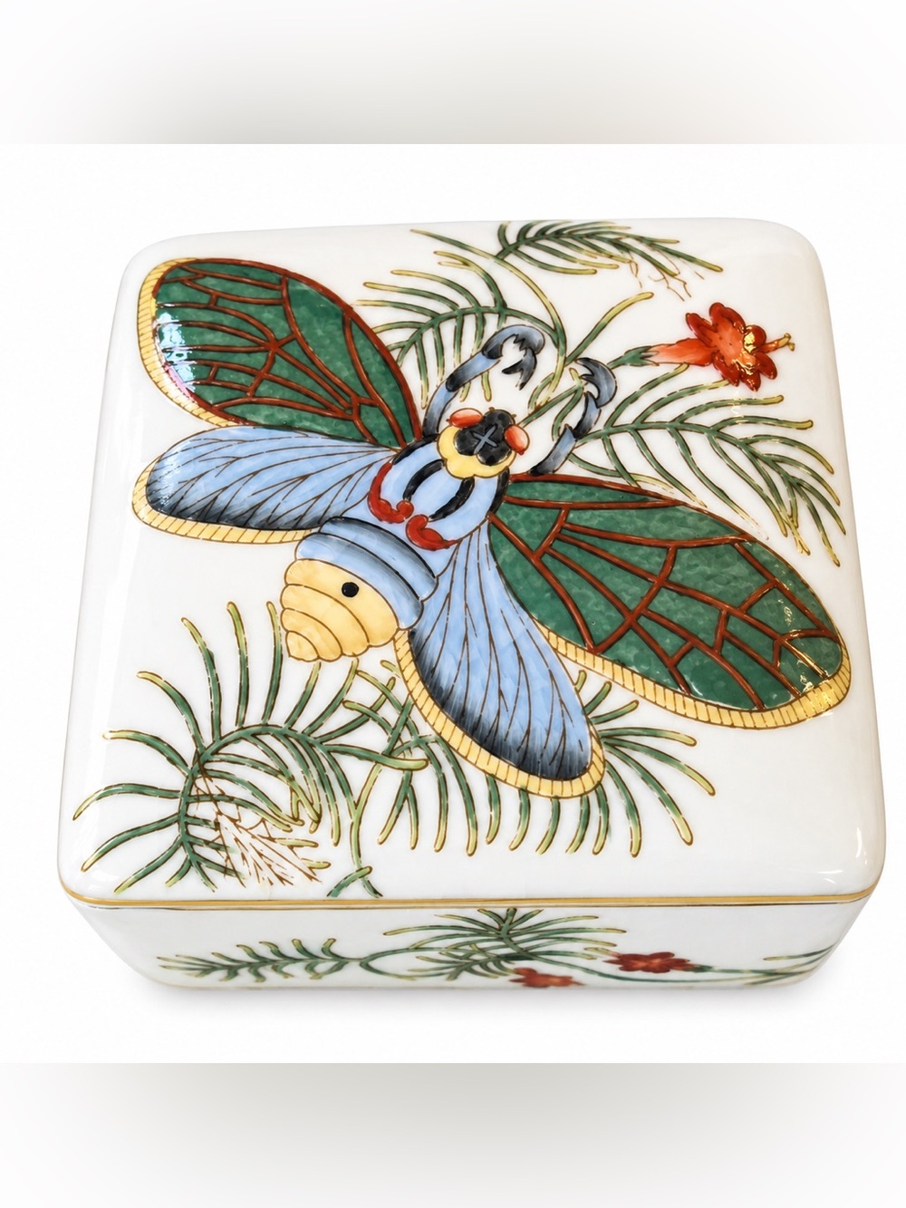 💚💙 HomArt Paradise Porcelain Decorative Square Trinket Box moth Asian jewelry